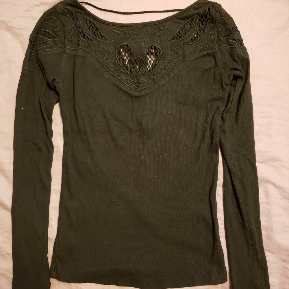 NWT Free People With Love Crochet Tee Thermal Tie Neck Bodycon Black Top - Picture 3 of 5
